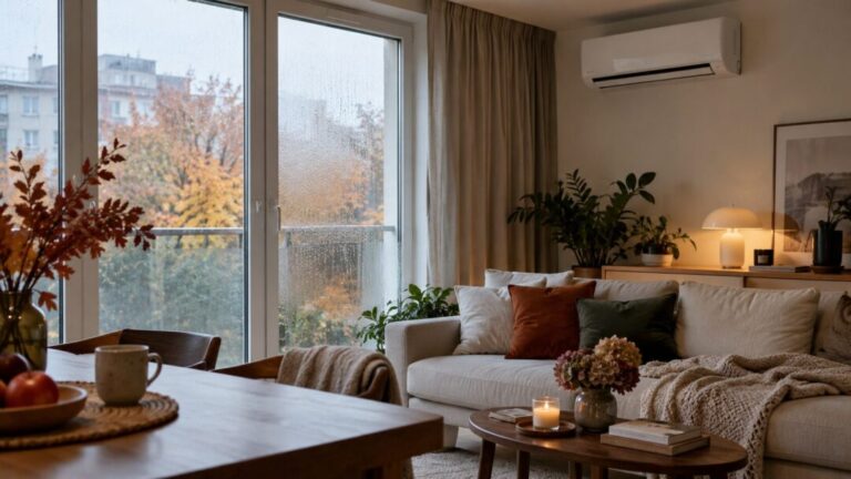 Przytulny salon jesienią z dużym oknem i komfortowym wnętrzem – klimatyzacja może wspierać utrzymanie lepszego komfortu i ograniczać problem wilgoci w mieszkaniu.