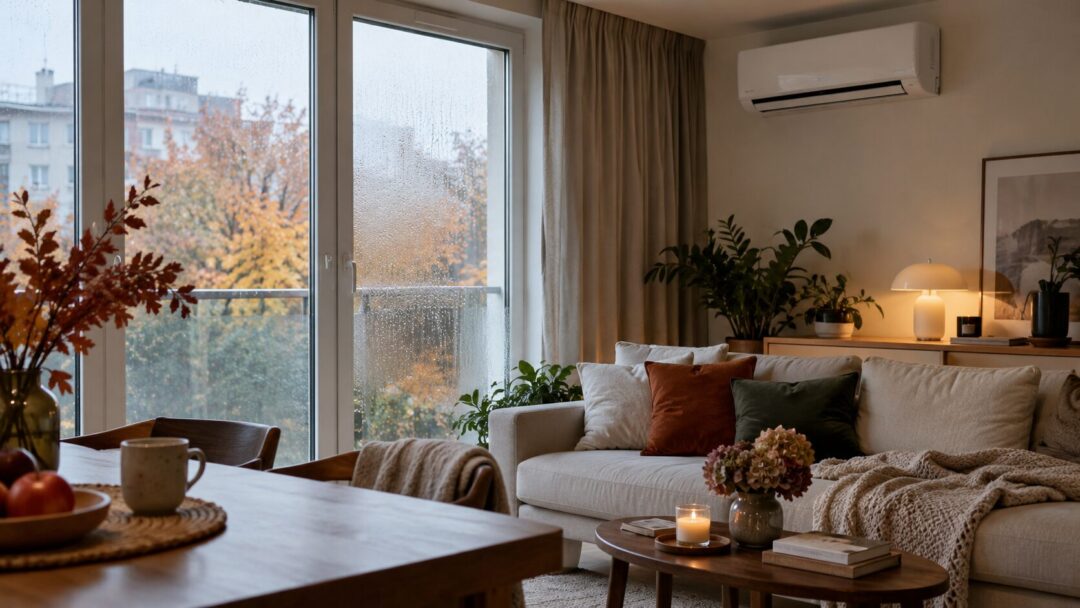 Przytulny salon jesienią z dużym oknem i komfortowym wnętrzem – klimatyzacja może wspierać utrzymanie lepszego komfortu i ograniczać problem wilgoci w mieszkaniu.